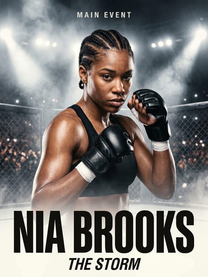 Fight night poster of a woman in fight gloves under arena lights, a cage behind her, name in bold letters