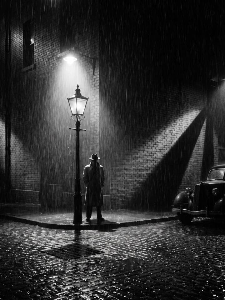 Black-and-white noir scene of a man in a trench coat and hat under a street lamp in the rain
