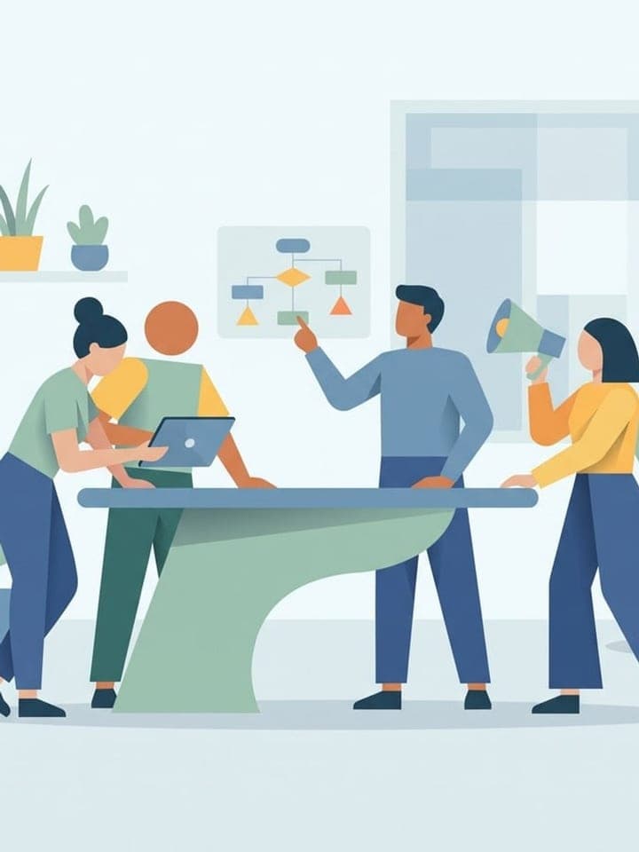 Flat vector illustration of a team brainstorming around a table with a flowchart on the wall
