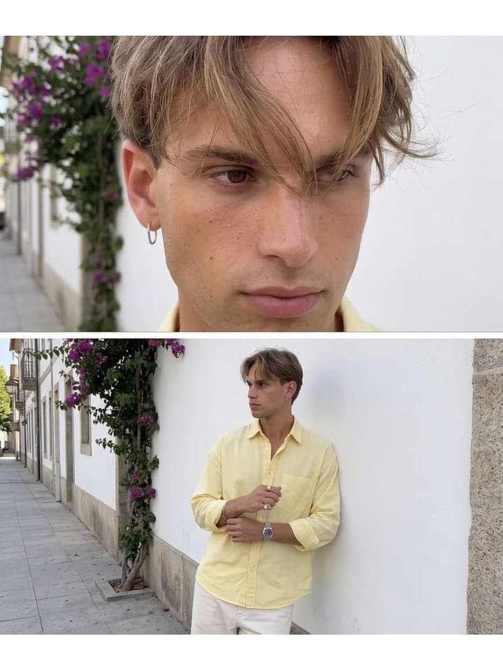 Drei übereinander angeordnete spontane Handyfotos eines jungen Mannes mit hellbraunen Curtain Bangs im pastellgelben Hemd an einer weißen Wand mit magentafarbener Bougainvillea: eine Hand im Haar, während er sich abwendet, eine Nahaufnahme mit Haaren über einem Auge, an die Wand gelehnt, während er seine Manschette richtet