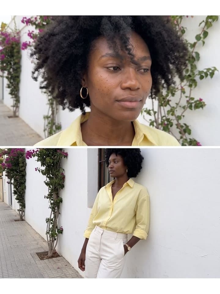 Drei übereinander angeordnete spontane Handyfotos einer jungen Frau mit natürlichem Afro und goldenen Creolen in pastellgelbem Hemd und cremeweißer Hose an einer weißen Wand mit magentafarbener Bougainvillea: eine Hand im Haar, eine Nahaufnahme mit Blick zur Seite, an die Wand gelehnt