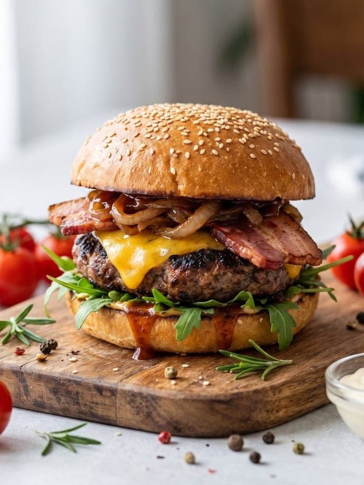 Close-up of a juicy bacon cheeseburger on a wooden board with tomatoes and herbs around it