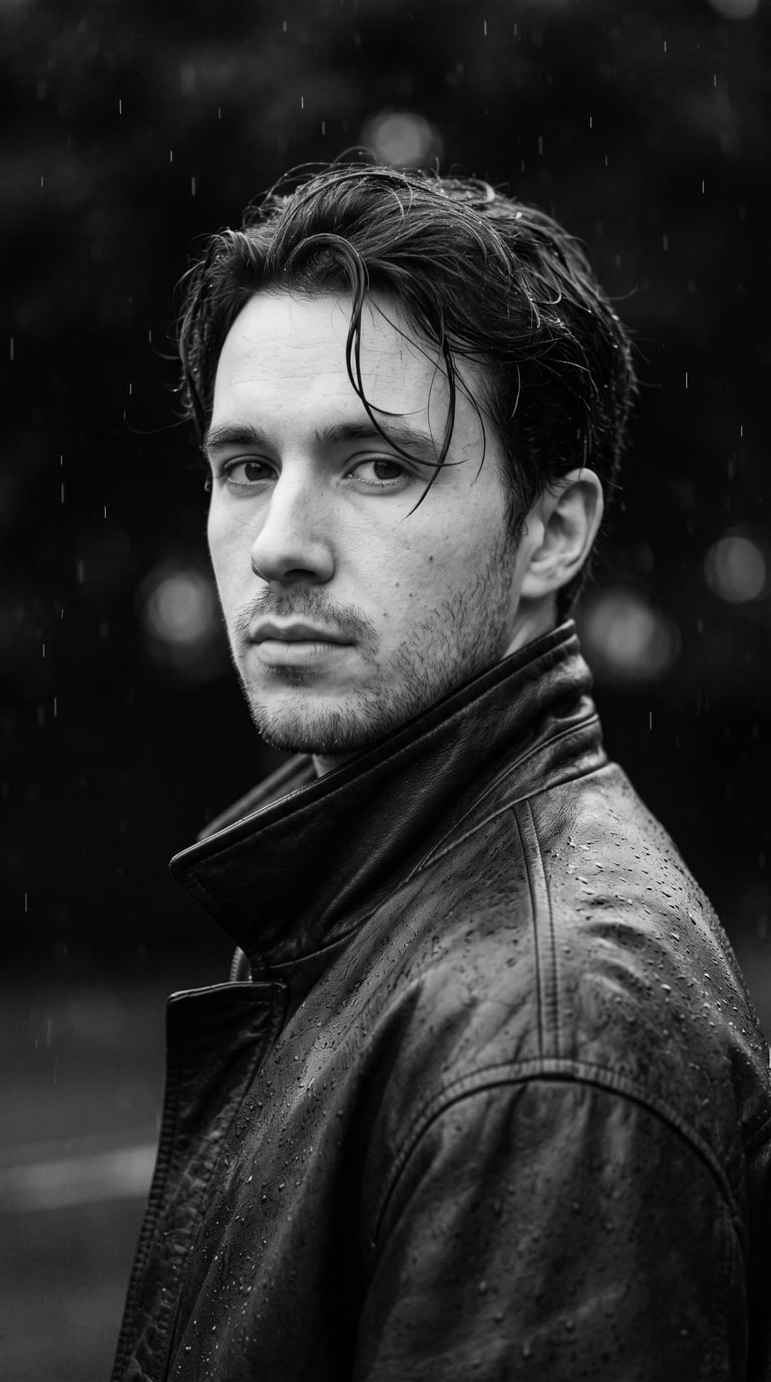 Retrato em preto e branco de um jovem de cabelo escuro molhado olhando por cima do ombro, de jaqueta de couro, com gotas de chuva no escuro atrás dele
