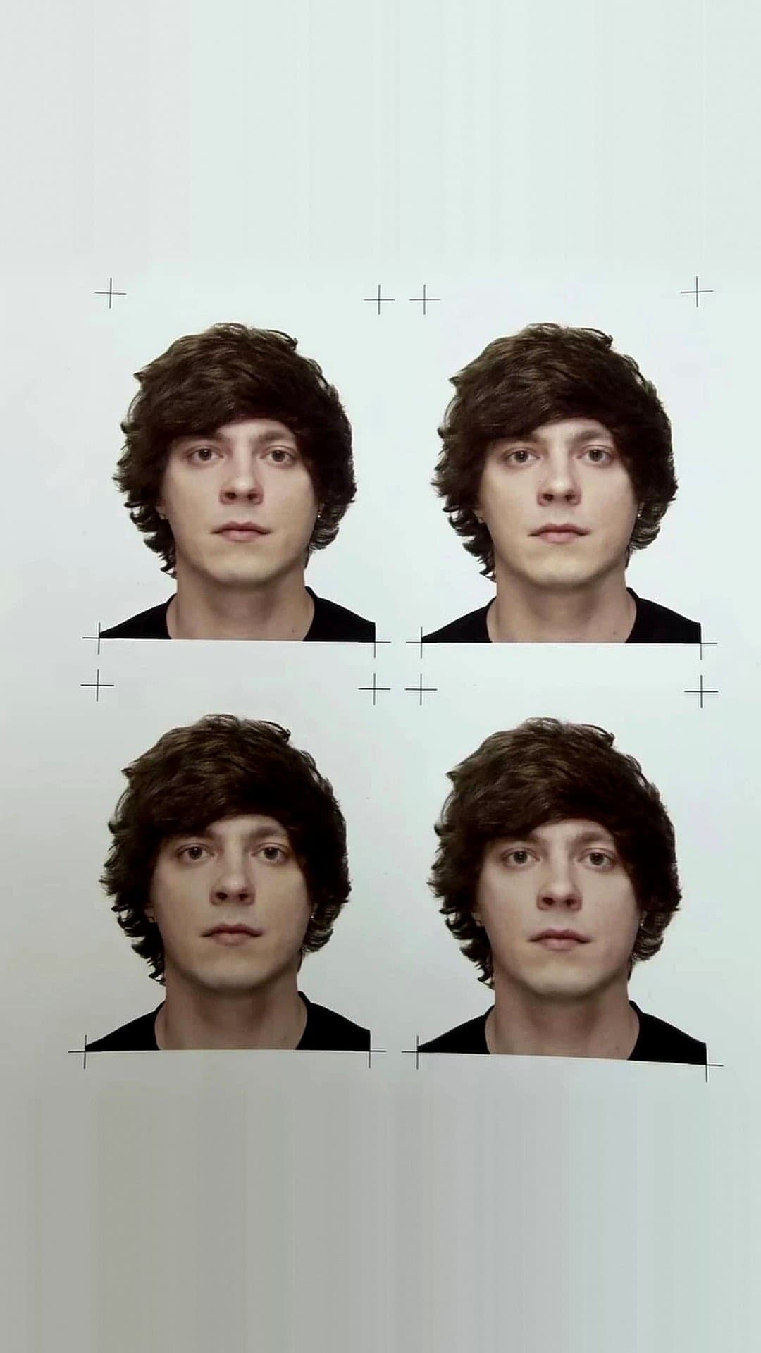 Cópia com quatro fotos iguais de cabeça e ombros de um jovem de cabelo castanho cacheado e camiseta preta, com marcas de corte nos cantos