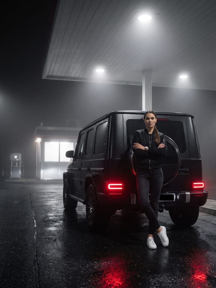 Mujer joven con chaqueta bomber negra y zapatillas deportivas blancas, apoyada en un Mercedes Clase G negro en una gasolinera con niebla, de noche