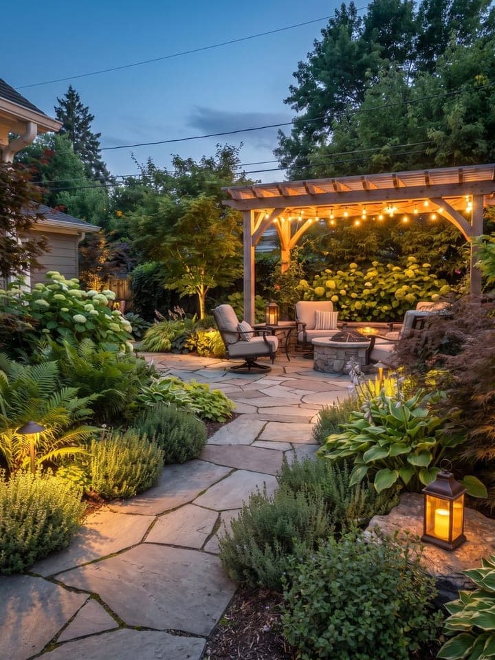 Evening garden with a stone path, lush plantings, lanterns and a pergola lounge with string lights