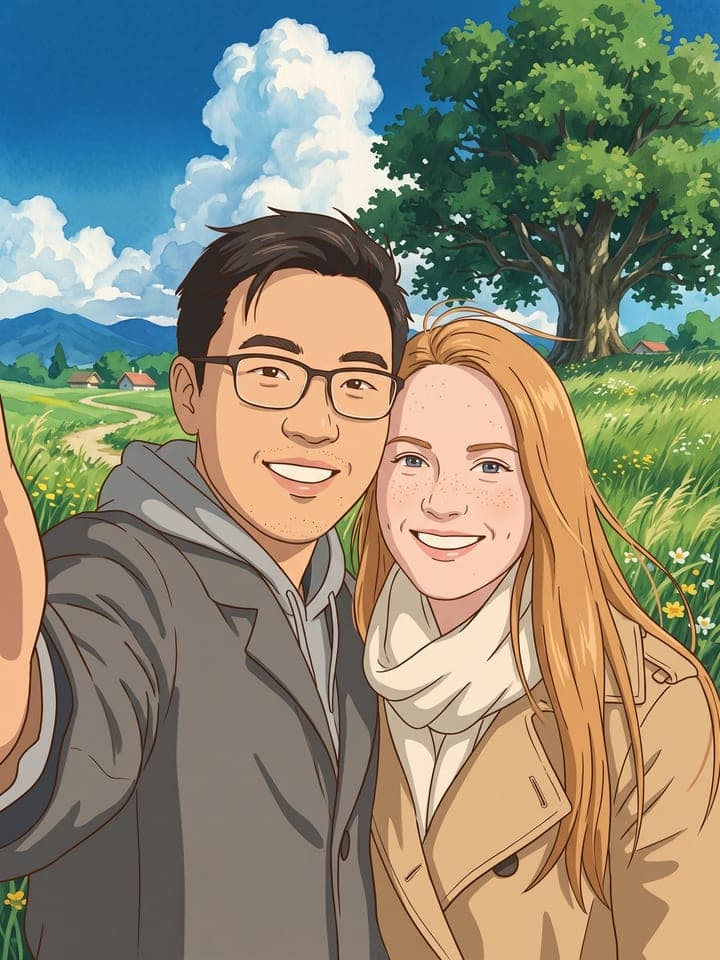 Fotograma de película anime pintado a mano a partir de la selfie de una pareja, un hombre con gafas y una mujer con el pelo largo rubio rojizo, en un prado de verano con viento bajo un gran árbol frondoso y enormes nubes de acuarela