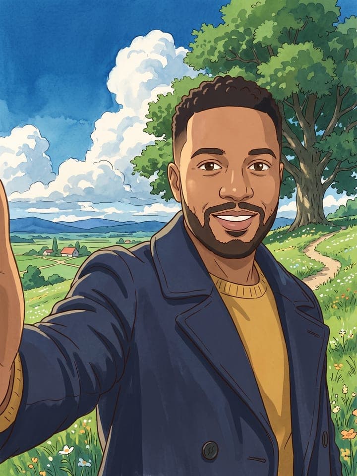 Fotograma de película anime pintado a mano a partir de la selfie de un hombre, con rizos negros cortos y barba arreglada, un chaquetón azul marino sobre un suéter color mostaza, en un prado de verano bajo un gran árbol frondoso y enormes nubes de acuarela
