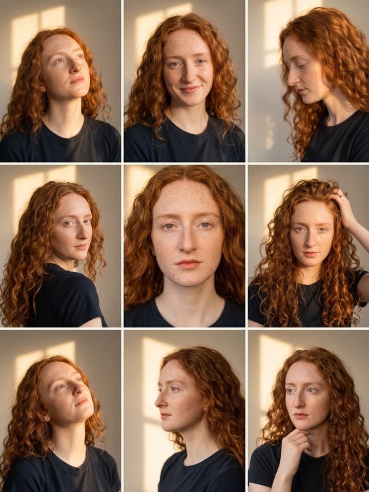 3×3-Collage aus neun Porträts zur goldenen Stunde einer jungen Frau mit langen lockigen kupferroten Haaren und Sommersprossen im schlichten schwarzen T-Shirt: Blick nach oben in die Sonne, lächelnd, im Profil mit Blick nach unten, über die Schulter blickend, eine Nahaufnahme, eine Hand im Haar, Kopf zurückgelegt, ein klares Profil und eine Hand am Kinn, Schatten des Fensterrahmens auf einer cremefarbenen Wand