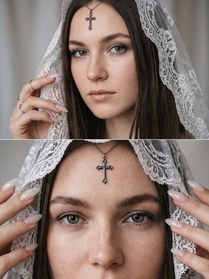 Two stacked close-ups of a dark-haired woman under a white lace veil with a silver cross on her forehead