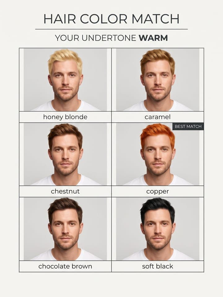 Poster HAIR COLOR MATCH mit sechs Porträts desselben Mannes in verschiedenen Haarfarben, Kupfer ist als beste Wahl markiert