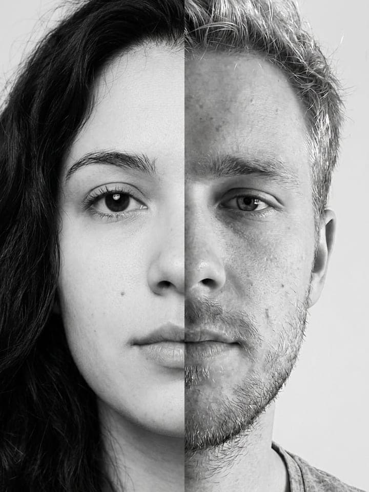 Black-and-white portrait split down the middle: left half a woman's face, right half a man's
