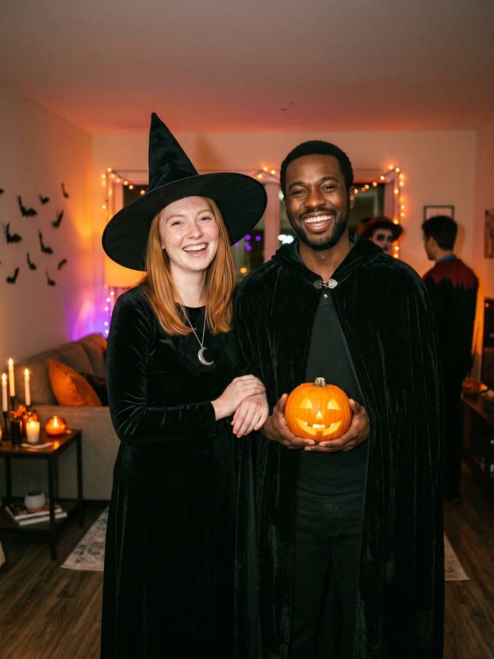Pareja riendo con disfraces a juego de bruja y brujo en una fiesta de Halloween en casa iluminada con flash; él sostiene una calabaza iluminada y ella lo lleva del brazo
