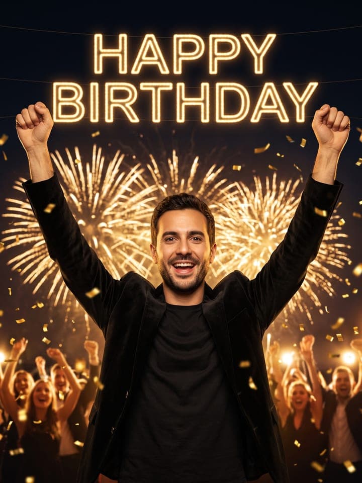 Retrato de cumpleaños de un hombre sonriente con barba incipiente oscura y un blazer de terciopelo negro, con los dos puños en alto, mientras fuegos artificiales dorados y letras luminosas de HAPPY BIRTHDAY estallan en el cielo nocturno sobre él y detrás lo celebra una multitud entusiasmada