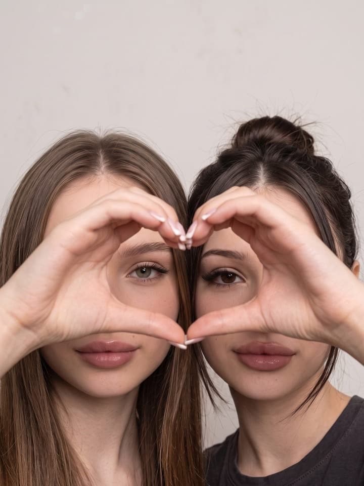 Nahaufnahme zweier junger Frauen Wange an Wange, von jedem Gesicht die Hälfte im Bild, ihre Hände formen ein Herz um ihre Augen