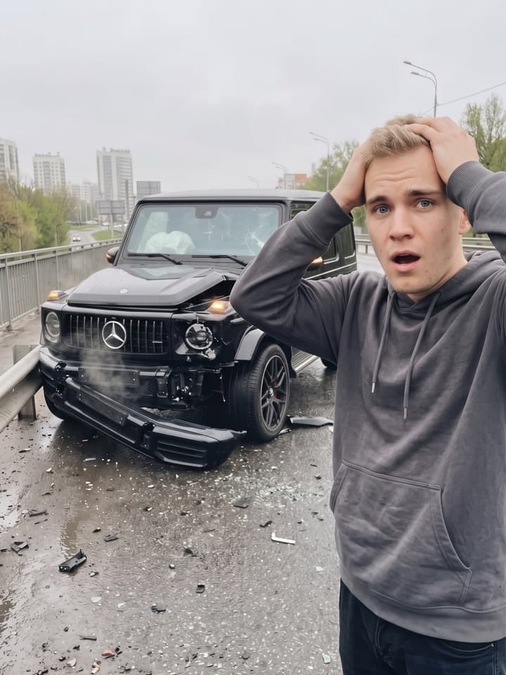 Junger Mann im grauen Hoodie hält sich unter Schock den Kopf neben einer schwarzen Mercedes G-Klasse mit zerknautschter Front auf einer nassen Straße
