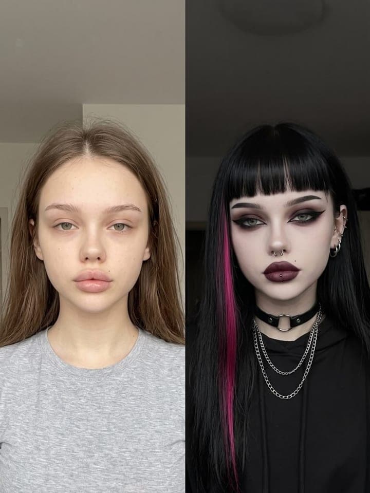 Before and after: a plain selfie and the same girl as an alt girl with black hair, pink strand and heavy liner
