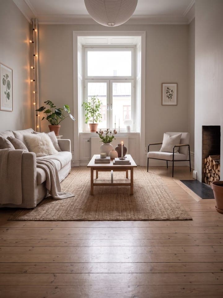 Bright Scandinavian living room with a white sofa, wooden floor, plants and a tall window