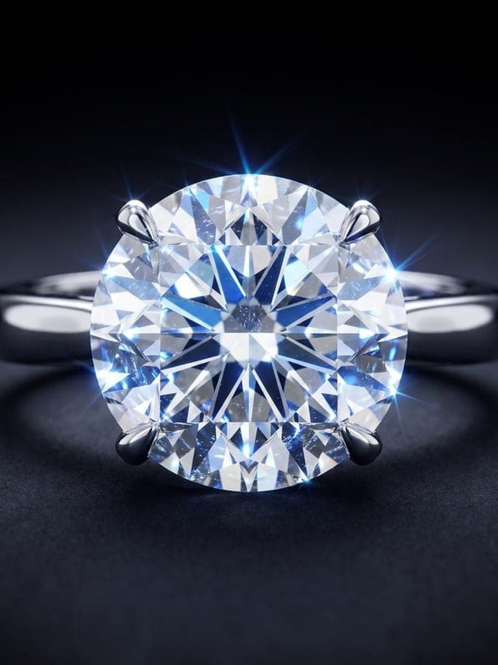 Macro shot of a sparkling diamond solitaire ring on a dark blue gradient background
