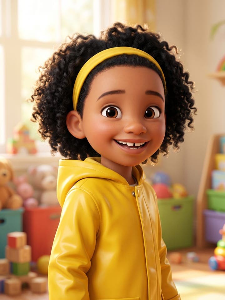 3D animated-film style character of a smiling child with curly hair in a sunny playroom