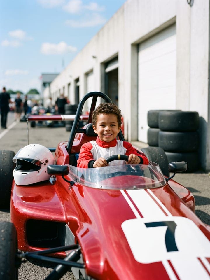 Child in a red racing suit sitting in a small open-wheel race car on a sunny track