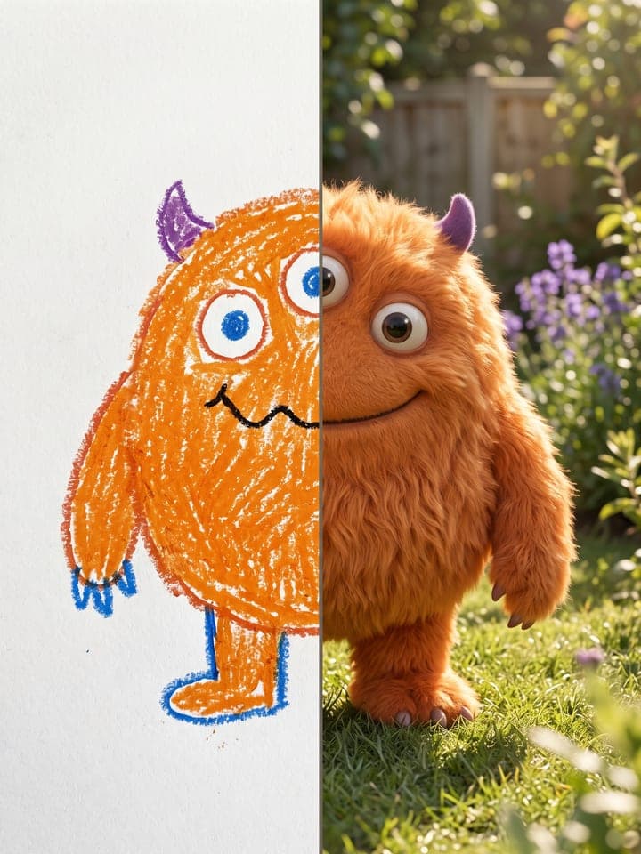 A child's crayon drawing of a round orange monster beside a realistic photo of the same monster in a garden