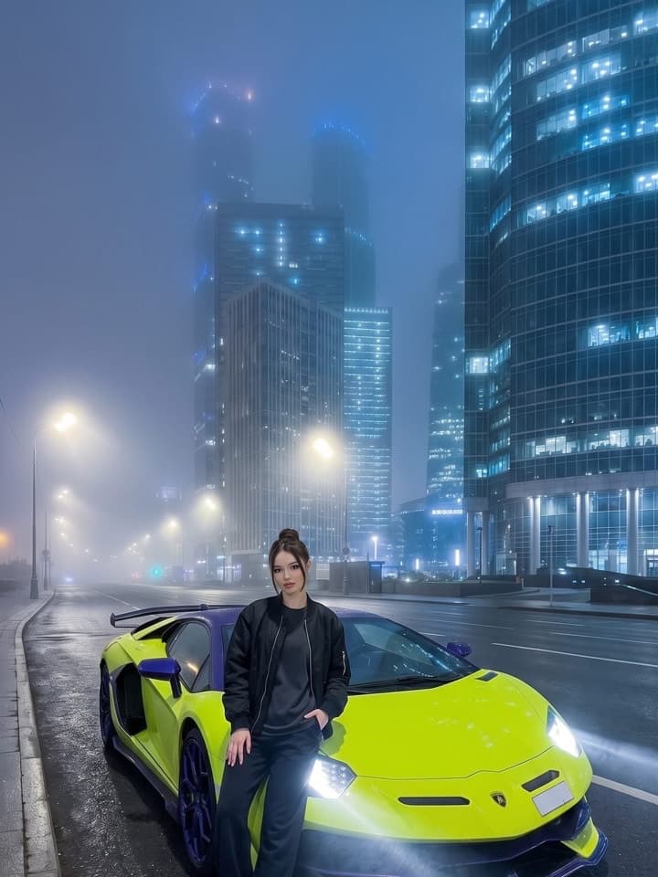Junge Frau in schwarzer Bomberjacke lehnt nachts an einem neon-limettengrünen Lamborghini, dahinter Glastürme im Nebel