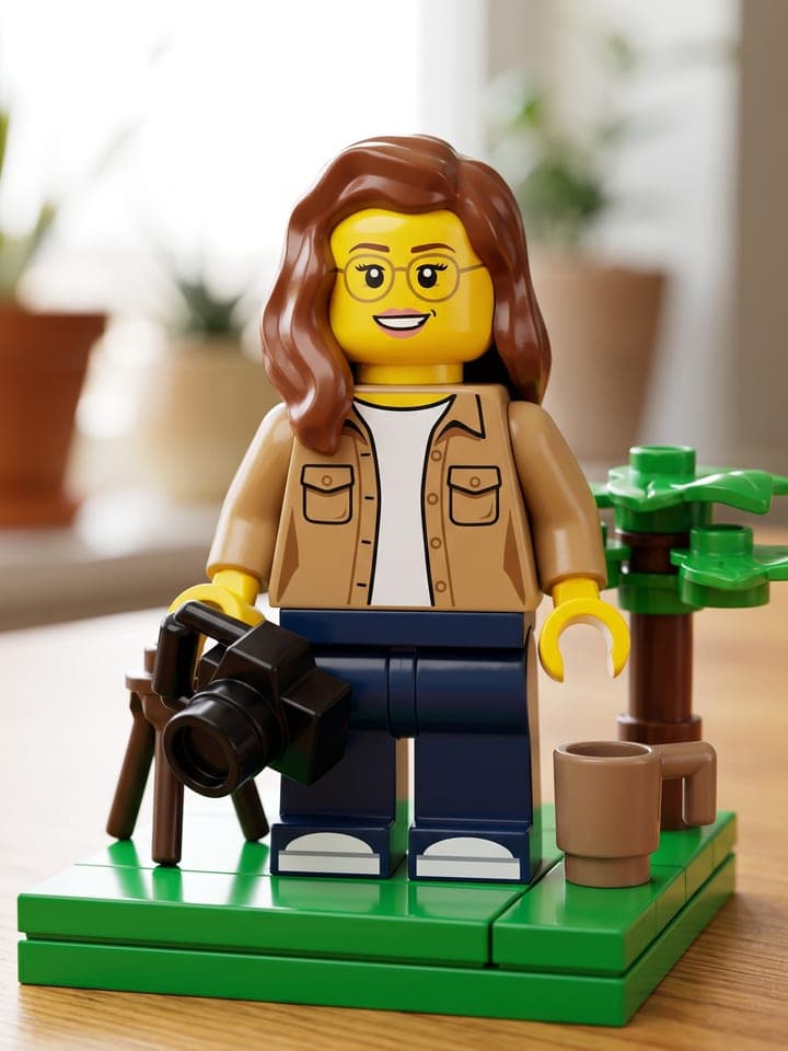 Foto macro de una minifigura amarilla de bloques de juguete de una mujer con pelo largo castaño y ondulado, gafas redondas impresas y una sonrisa, con una chaqueta camel sobre una camiseta blanca, sosteniendo una cámara diminuta junto a un trípode, una taza y un árbol hecho de bloques sobre una base lisa de piezas verdes