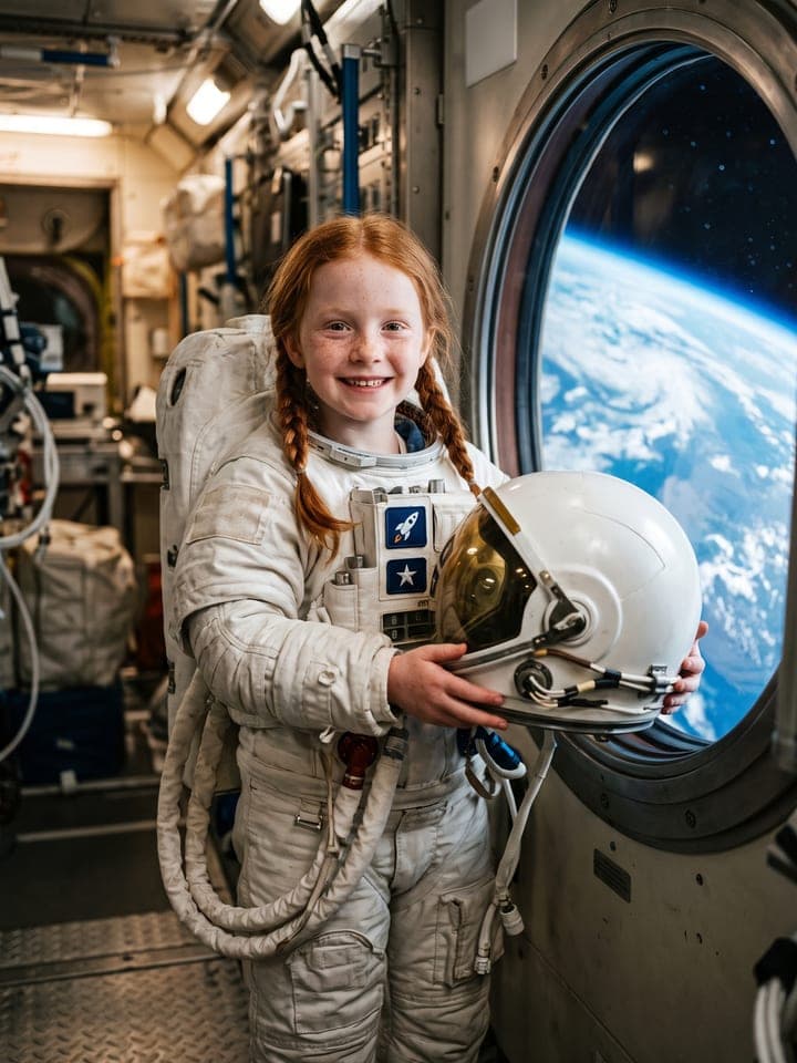 Girl in a white spacesuit holding her helmet by a space station window, the blue Earth glowing behind