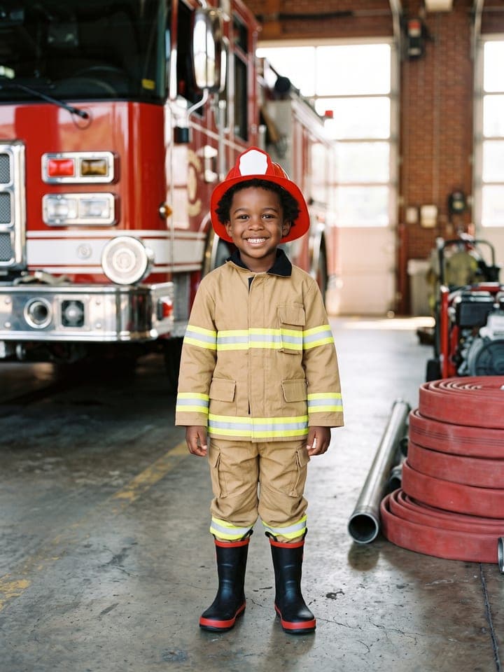 Child in a firefighter's jacket and helmet standing proudly in front of a red fire engine