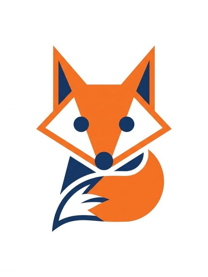 Flat two-color fox head logo in orange and navy on a white background