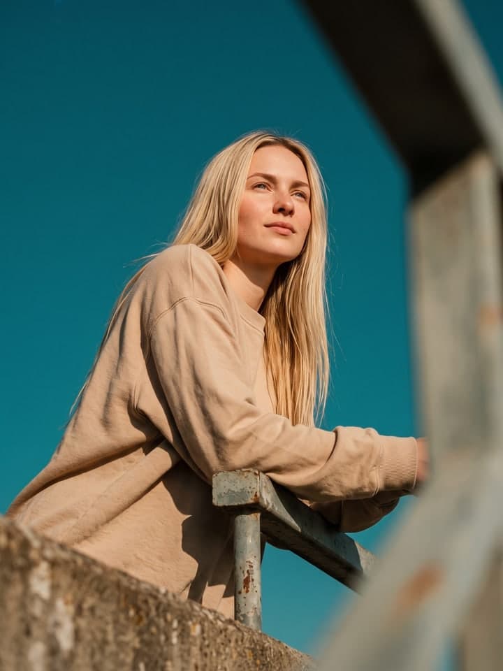 Frau mit langen glatten blonden Haaren in übergroßem beigem Sweatshirt lehnt an einem rostigen Geländer aus Beton und Metall, von unten vor einem durchgehend petrolfarbenen Himmel fotografiert, mit Blick nach oben rechts im warmen Sonnenlicht