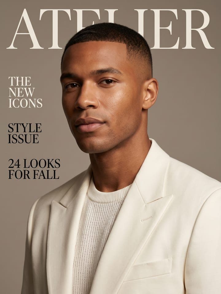 Cover eines Modemagazins mit einem Mann in cremefarbenem Blazer unter einem großen Titelschriftzug mit Serifen und Schlagzeilen einer Style-Ausgabe