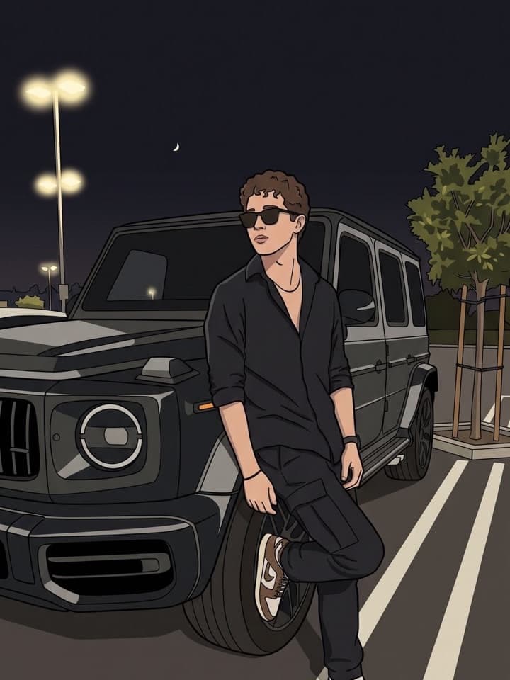 Ilustración vectorial plana de un joven con gafas de sol negras y camisa negra apoyado en una camioneta oscura en un estacionamiento de noche