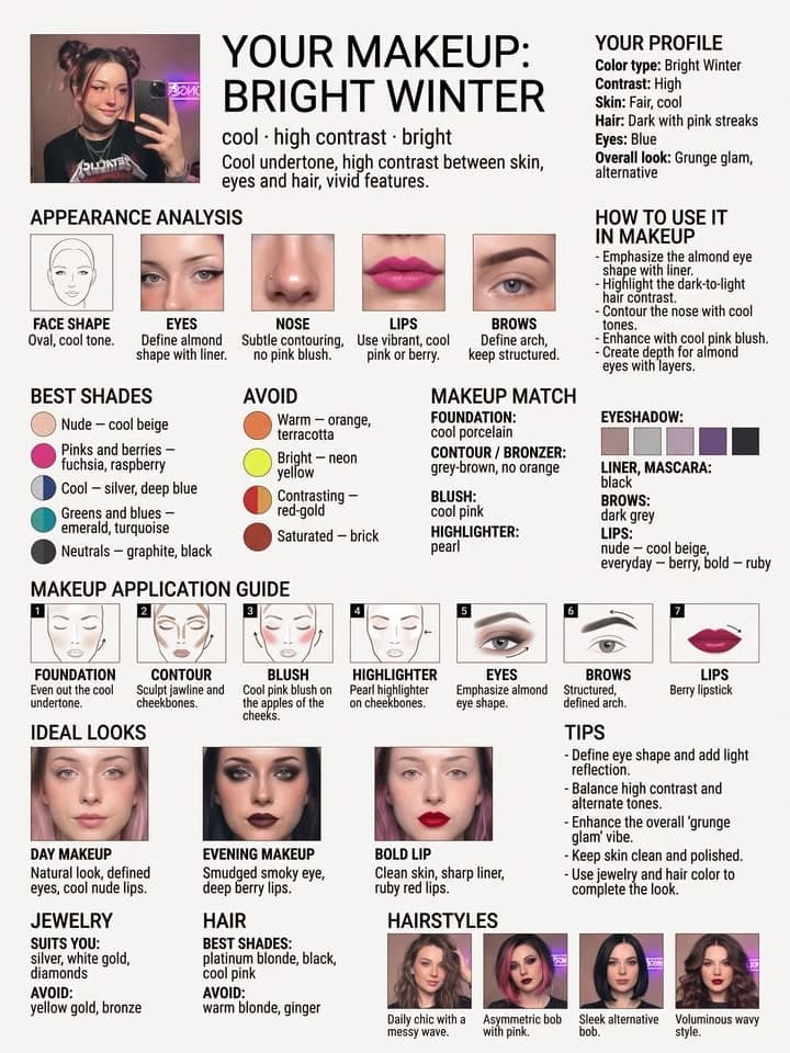 Makeup infographic poster YOUR MAKEUP: BRIGHT WINTER with palettes, face diagrams and three looks