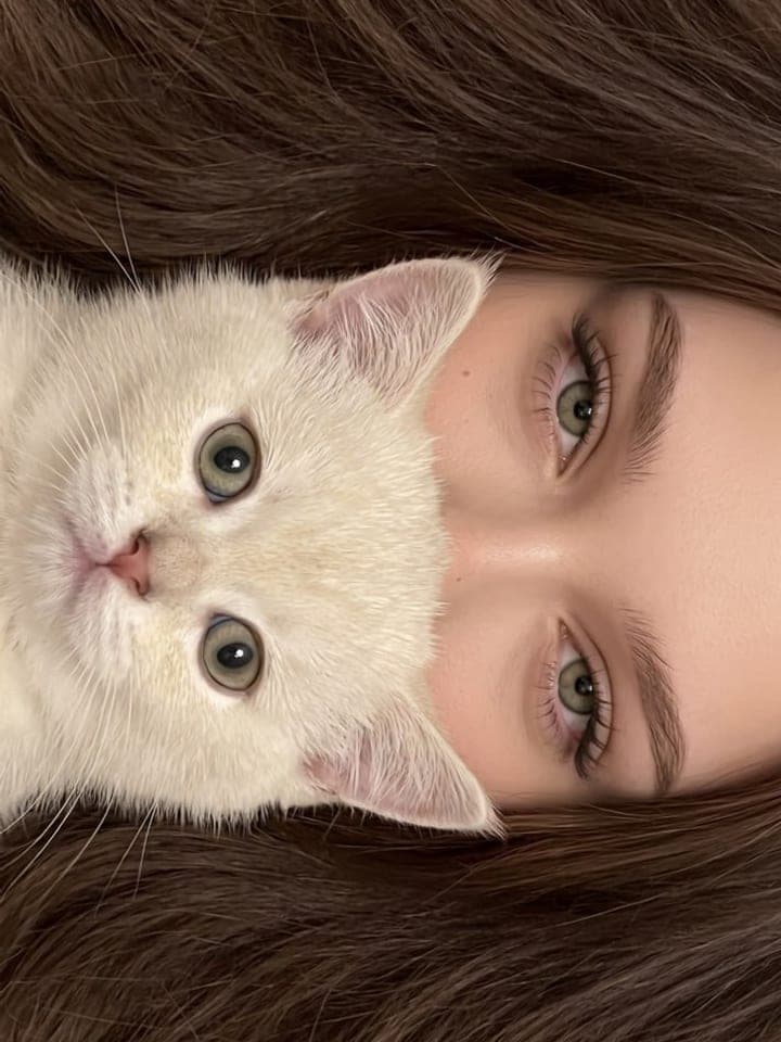 Sideways close-up of a woman's eyes with a white kitten covering the lower half of her face