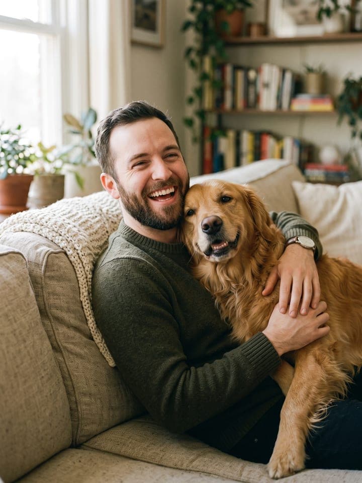 Man on a linen sofa laughing as his golden retriever leans against his shoulder in warm window light