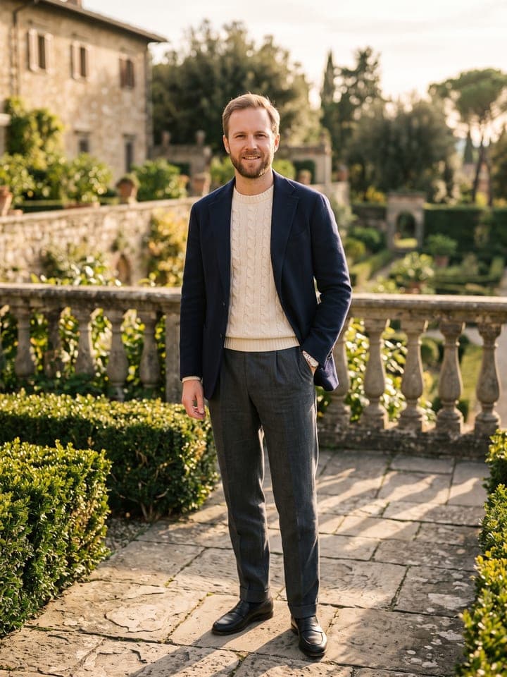 Man in a navy blazer over a cream knit on a sunny terrace, old money style