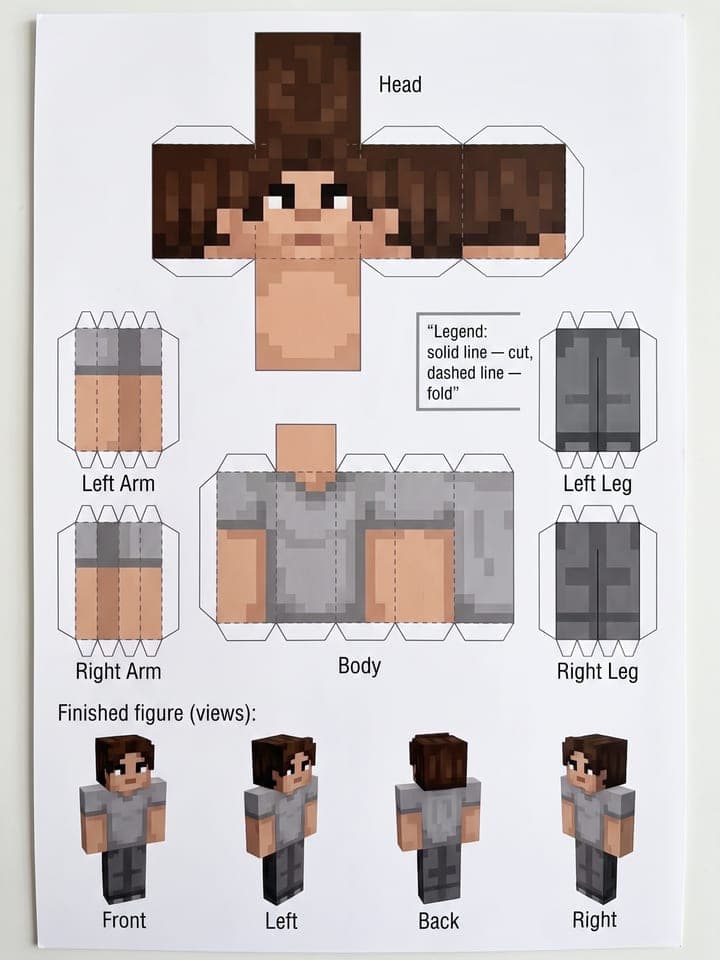 Printed papercraft sheet of a pixel Minecraft figure with head, body, arm and leg nets and assembly views