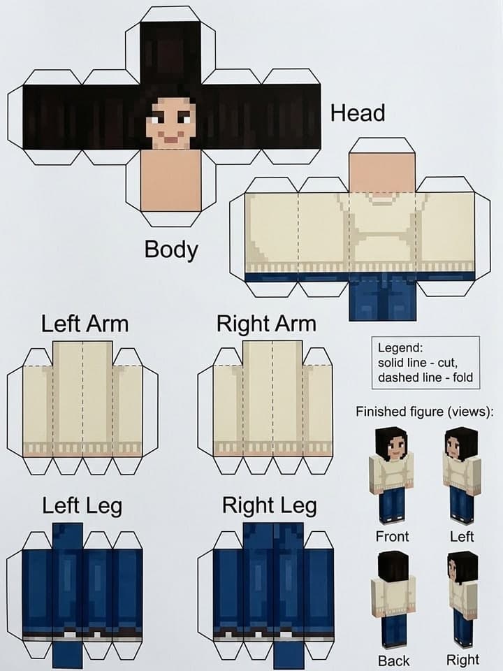 Lámina de papercraft estilo Minecraft de una mujer con melena oscura a la altura de los hombros, suéter color crema y jeans azules: piezas desplegadas de la cabeza, el cuerpo, los brazos y las piernas con líneas de plegado, una leyenda de corte y plegado y cuatro vistas de la figura terminada