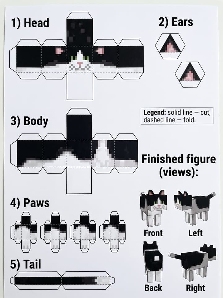 Printed Minecraft papercraft sheet of a pixel cat with head, ears, body, four paws and tail nets