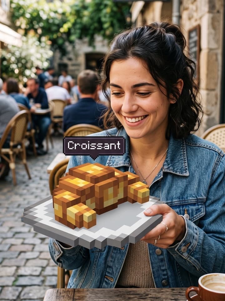 Mujer sonriente con chaqueta denim en una cafetería al aire libre sosteniendo un plato con un cruasán de bloques estilo Minecraft y la etiqueta Croissant