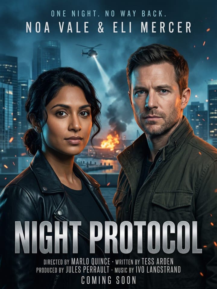 Póster de thriller de acción con dos protagonistas: una mujer con chaqueta de cuero negra y un hombre con barba de pocos días y chaqueta militar oscura, hombro con hombro en una azotea de noche, con un foco y un incendio en el puerto detrás, y el título Night Protocol en enormes letras metálicas
