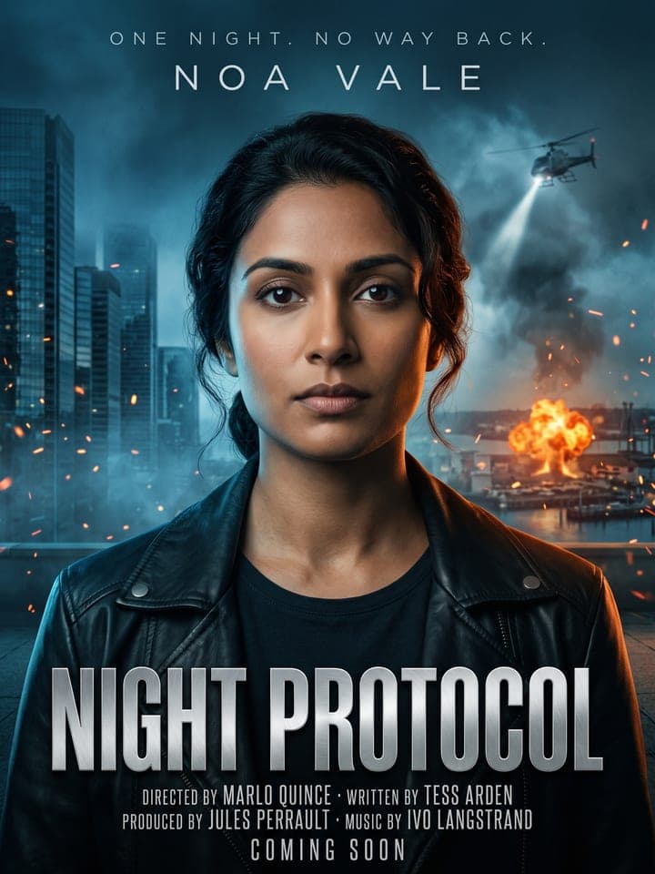 Actionthriller-Plakat: eine Frau mit tief gebundenem schwarzem Dutt in schwarzer Lederjacke starrt nachts auf einem Dach in die Kamera, dahinter ein Hubschrauberscheinwerfer und ein Feuer am Hafen, der Titel Night Protocol in riesigen metallischen Buchstaben