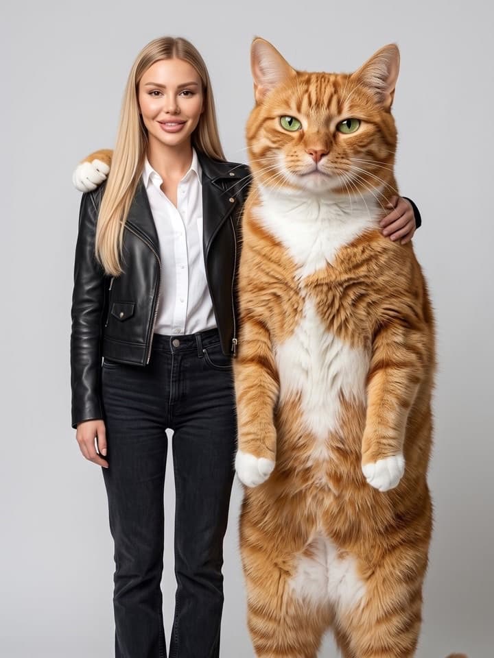 Blonde Frau in Lederjacke steht neben einer riesigen roten Katze auf den Hinterbeinen, deren Pfote auf ihrer Schulter liegt