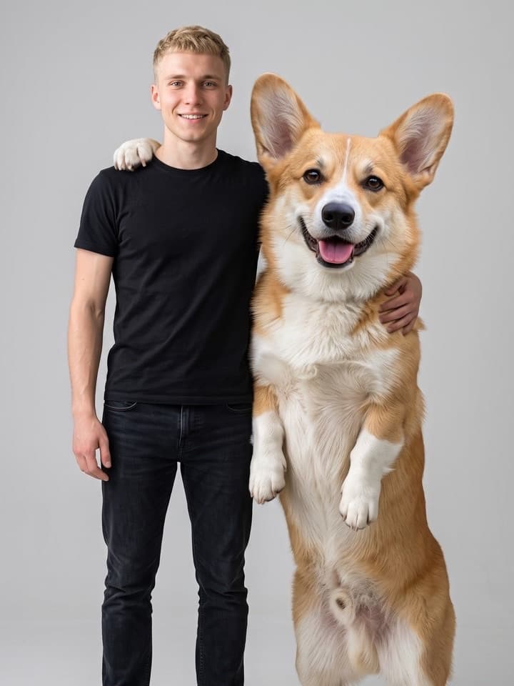 Junger Mann im schwarzen T-Shirt steht neben einem riesigen Corgi auf den Hinterbeinen, dessen Pfote auf seiner Schulter liegt