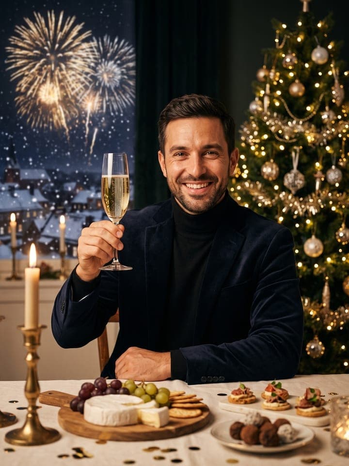 Retrato de fin de año de un hombre sonriente de pelo corto y oscuro y barba incipiente, con un blazer de terciopelo azul marino oscuro sobre un suéter negro de cuello alto, levantando una copa de champán en una mesa de fiesta con velas junto a un árbol de Navidad iluminado, con fuegos artificiales dorados estallando sobre los tejados nevados que se ven por la ventana a su espalda