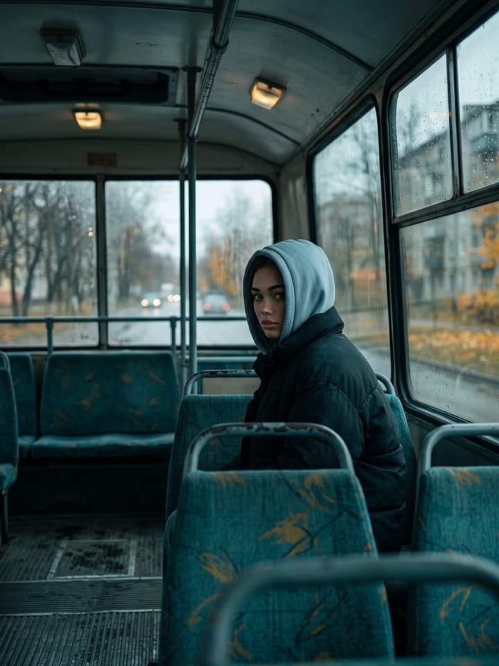 Eine junge Frau mit Kapuze und dunkler Pufferjacke blickt von einem Sitz in einem alten Bus mit türkisen Sitzen zurück, draußen eine Herbststraße