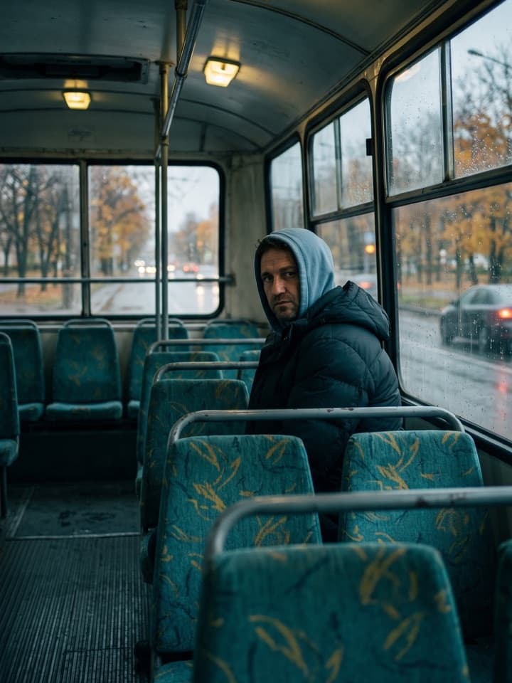 Un hombre joven con capucha y chaqueta acolchada oscura mirando hacia atrás desde un asiento de un viejo autobús con asientos turquesa, en una mañana de otoño