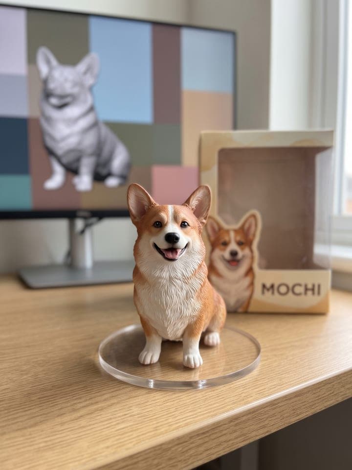 Painted collectible figurine of a corgi on a clear round base on a desk, its display box with the name Mochi behind it